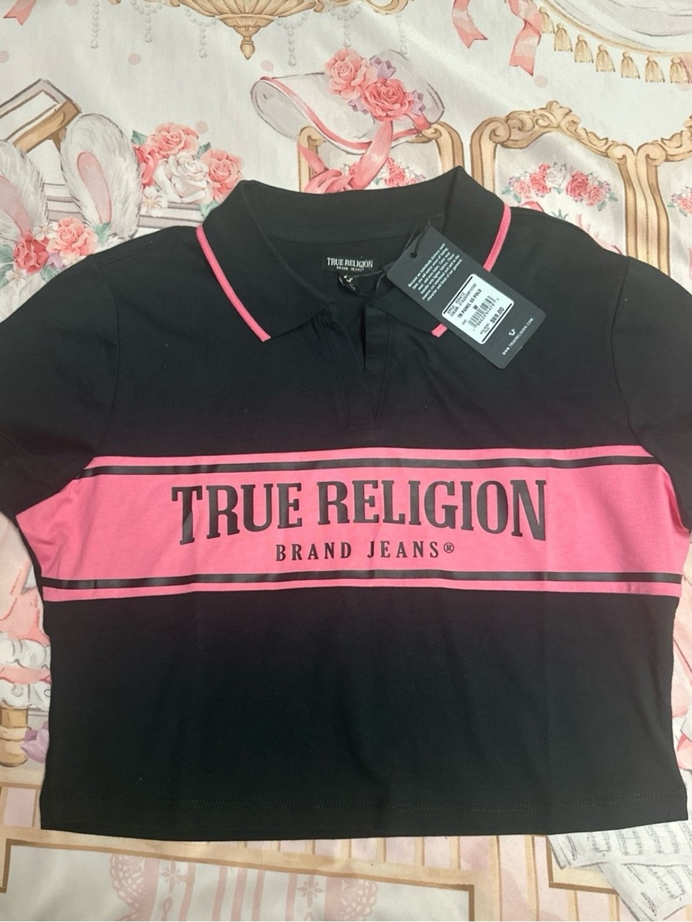 True Religion Black Polo with Pink Chest Stripe and Logo